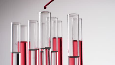 Video-of-glass-laboratory-test-tubes-and-pipette-with-red-liquid-and-copy-space-on-white-background