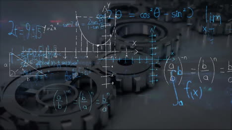 Animation-Von-Mathematischen-Gleichungen-Und-Diagrammen-über-Sich-Bewegenden-Mechanischen-Zahnrädern-Auf-Dem-Tisch