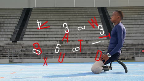 Animation-of-changing-numbers,-letters,-tired-disable-african-american-athlete-on-knees-in-ground