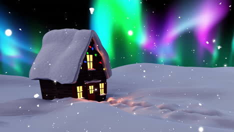 Animation-of-house,-snow-falling-and-aurora-borealis-in-christmas-winter-scenery-background