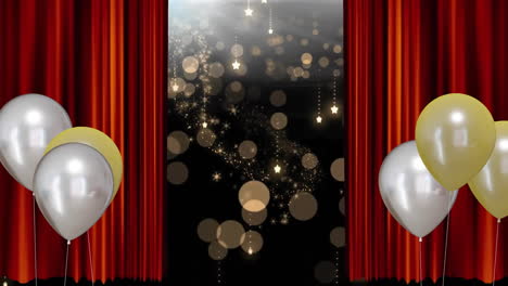 Animation-of-gold-and-silver-balloons-and-red-curtains-on-black-background