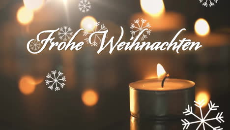 Animation-of-frohe-weihnachten-text-over-snow-falling-and-candle-in-christmas-background