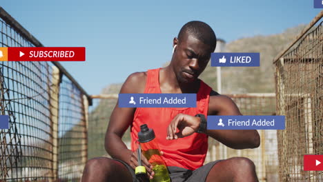 Animation-of-notification-bars,-african-american-athlete-drinking-water-and-looking-at-smartwatch