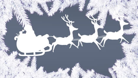 Animation-of-leaves-frame-around-santa-riding-sleigh-against-abstract-background