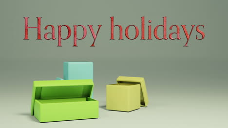 Animation-of-happy-holidays-text-and-christmas-gift-on-grey-background