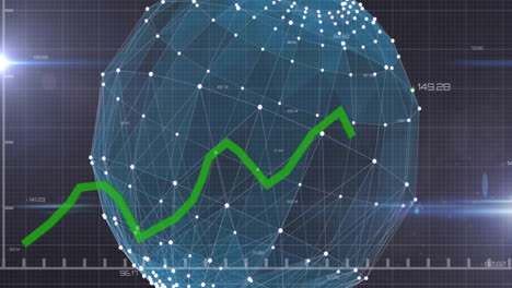 Animation-of-graphs,-changing-numbers,-connected-dots-forming-globe-over-black-background