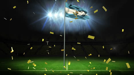 Animation-of-falling-confetti-over-waving-flag-of-argentina-on-pole-in-stadium-against-lights