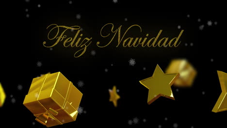 Animation-of-feliz-navidad-text-over-presents,-stars-and-snow-falling-background