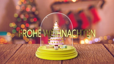 Animation-of-frohe-wihnachten-text-over-snow-globe-with-christmas-tree