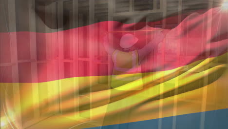 Animation-Einer-Deutschlandflagge,-Die-über-Einem-Kaukasischen-Ingenieur-Mit-Helm-Weht,-Der-Messungen-Vornimmt
