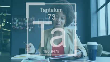 Animation-of-chemical-elements-symbols-and-atomic-numbers,-biracial-woman-discussing-on-video-call