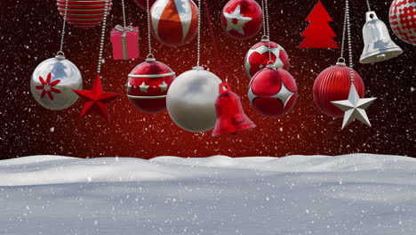 Animation-of-christmas-baubles-decorations-over-winter-scenery-background