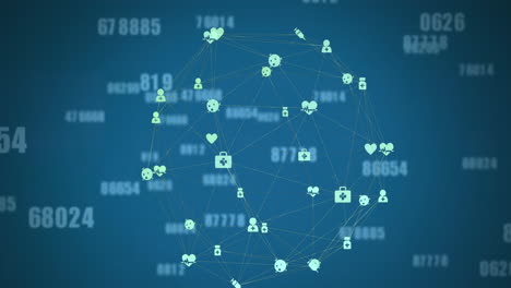Animation-of-connected-icons-forming-globe-with-changing-numbers-over-blue-background