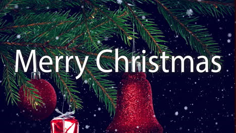 Animation-of-merry-christmas-text-over-snow-falling-in-christmas-tree-with-decorations-background