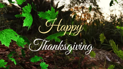 Animation-of-happy-thanksgiving-text-and-green-leaves-over-low-angle-view-of-tree-and-grass