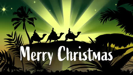 Animation-of-merry-christmas-text-over-three-wise-men-on-green-background