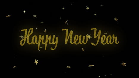 Animation-of-happy-new-year-text-with-stars-rotating-on-black-background