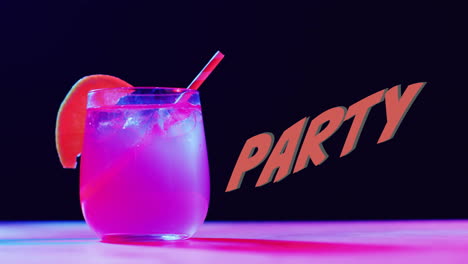 Animation-of-party-neon-text-and-cocktail-on-black-background