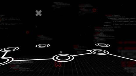 Animation-of-flowchart-of-circles-and-computer-language-over-black-background