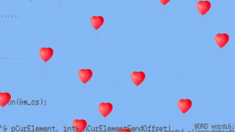 Animation-of-heart-shape-balloons-and-computer-language-against-blue-background
