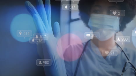 Animation-of-notification-bars-over-biracial-female-doctor-wearing-mask-adjusting-hand-glove