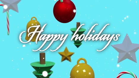 Animation-of-happy-holidasy-text-over-christmas-decorations-on-blue-background