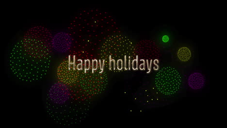 Animation-of-happy-holidays-text-with-fireworks-on-black-background