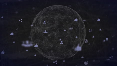 Animation-Mehrerer-Symbole-Und-Globus-Auf-Schwarzem-Hintergrund
