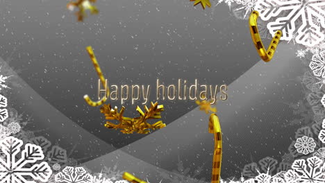 Animation-Eines-Textes-Mit-Frohen-Feiertagen-über-Weihnachtlichen-Zuckerstangen,-Die-Auf-Grauem-Hintergrund-Fallen