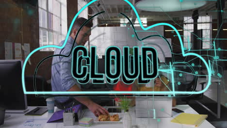 Animation-of-cloud-text-in-cloud-over-caucasian-coworkers-having-snacks-and-coffee-in-office