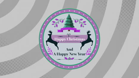 Animation-of-merry-christmas-and-a-happy-new-year-text-in-circle-over-gray-striped-background