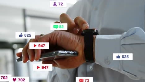 Animation-of-notification-bars-over-caucasian-man-using-smartphone-and-scrolling-on-smartwatch