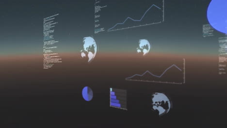Animation-of-globes,-graphs-and-computer-language-over-abstract-background