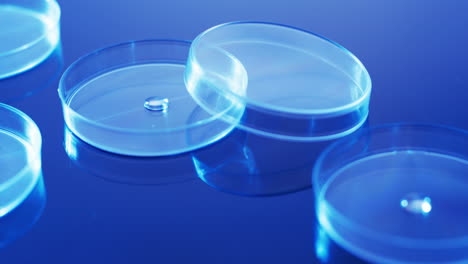 Video-of-close-up-of-laboratory-round-glass-dishes-with-copy-space-on-blue-background