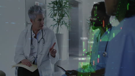 Animation-of-multiple-graphs-with-changing-numbers-over-diverse-coworkers-discussing-in-hospital