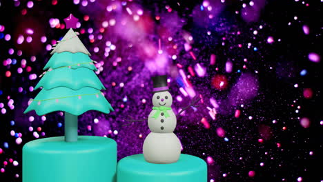 Animation-of-colorful-sprinklers-splashing-on-rotating-christmas-tree-and-snowman