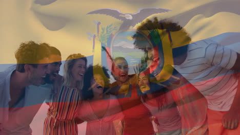 Animation-of-flag-of-ecuador-waving-over-smiling-diverse-friends-forming-human-chain-at-beach