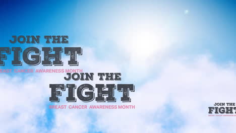 Animation-of-join-the-fight-and-breast-cancer-awareness-month-texts-over-aerial-view-of-dense-clouds