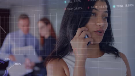 Animation-of-graphs-and-trading-board-over-beautiful-biracial-woman-talking-on-smartphone