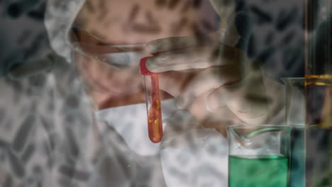 Animation-of-flowing-blood-cells,-caucasian-researcher-wearing-mask-swirling-liquid-filled-test-tube