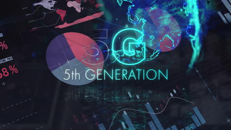 Animation-Von-5G,-Text-Der-5.-Generation,-Infografik-Oberfläche-Und-Globus-Auf-Schwarzem-Hintergrund