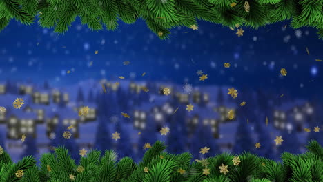 Animation-Von-Weihnachtlichen-Tannenzweigen-über-Fallenden-Sternen-Auf-Blauem-Hintergrund