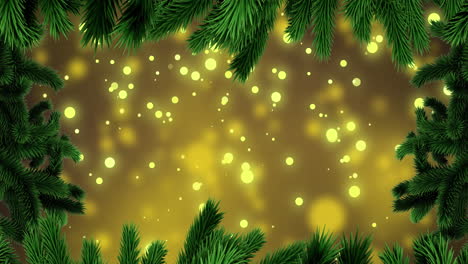 Animation-Von-Tannenzweigen-Mit-Leuchtenden-Lichtern-Auf-Gelbem-Hintergrund