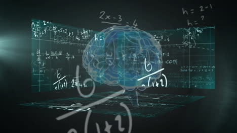 Animation-Mathematischer-Gleichungen-Und-Diagramme-Mit-Digitalem-Menschlichen-Gehirn-Vor-Abstraktem-Hintergrund