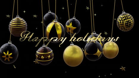 Animation-of-happy-holidays-text-with-baubles-hanging-over-stars-on-black-background