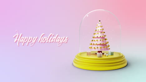 Animation-of-happy-holidays-text-over-snow-globe-with-christmas-tree