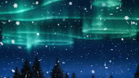 Animación-De-Nieve-Cayendo-Y-Aurora-Boreal-En-El-Fondo-Del-Paisaje-Navideño-De-Invierno