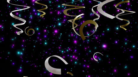Animation-of-gold-and-silver-streamers-with-glowing-lights-on-black-background