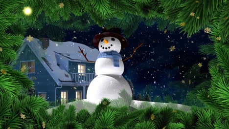 Animation-of-snow-man-and-house-over-snow-falling-background