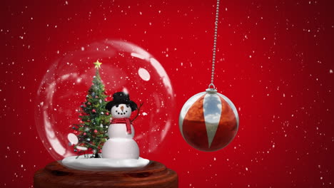 Animation-of-christmas-bauble-over-snow-globe-and-snow-falling-on-red-background